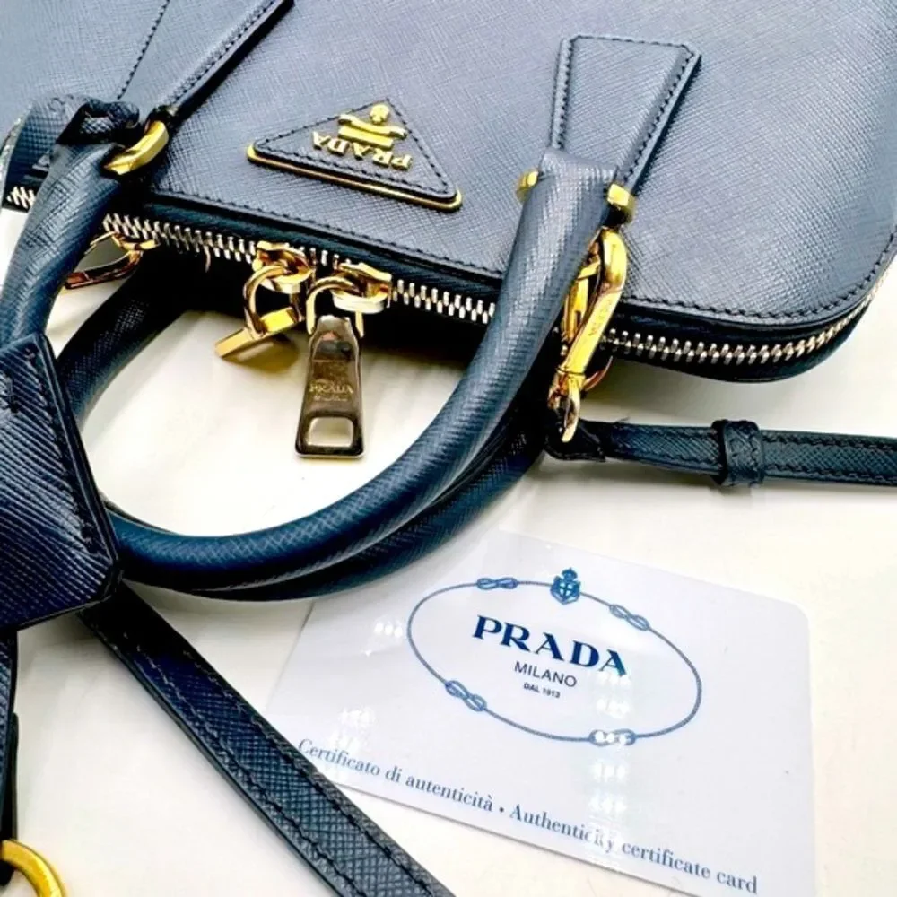 Auth Prada Small Baltic Blue Saffiano Lux Leather 2way Top Handle Promenade Bag